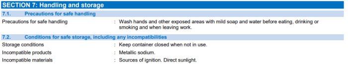 Avsnitt ur säkerhetsdatablad med rubriken "SECTION 7: Handling and Storage" beskriver hantering och lagring av ett kemiskt ämne.