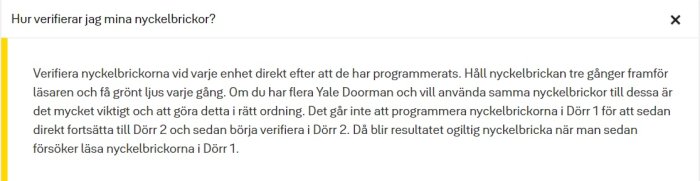 Skärmdump av ett diskussionsinlägg om verifiering av nyckelbrickor för Yale Doorman låssystem.