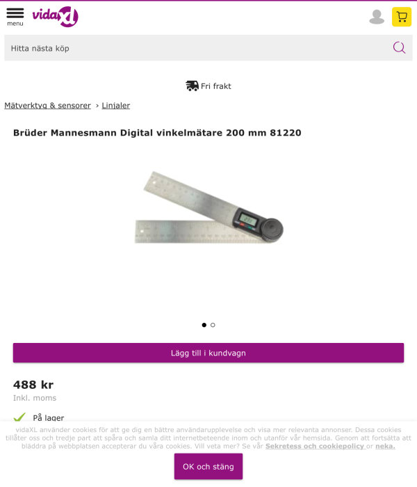 Digital vinkelmätare Brüder Mannesmann 200 mm visas på en onlinebutiks produktssida med pris och köpknapp.