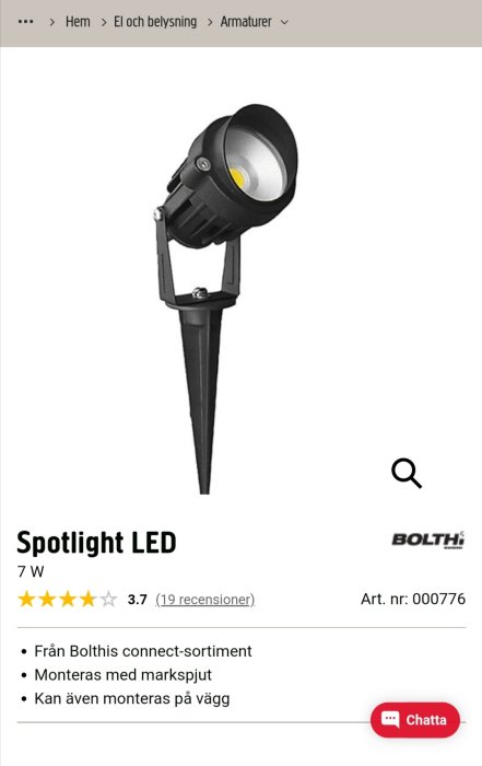 7W LED-spotlight för utomhusbruk med markspett, del av Bolthis connect-sortiment.