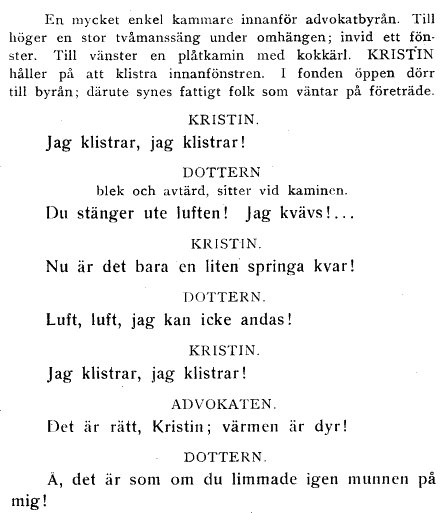 Sida från en pjäsmanuskript med dialog mellan karaktärerna Kristin, Dottern och Advokaten från "Ett Drömspel".