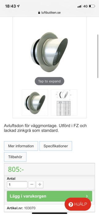 Avluftsdon för väggmontering, lackad i zinkgrå, visas på produktförpackningar i en webbutik.