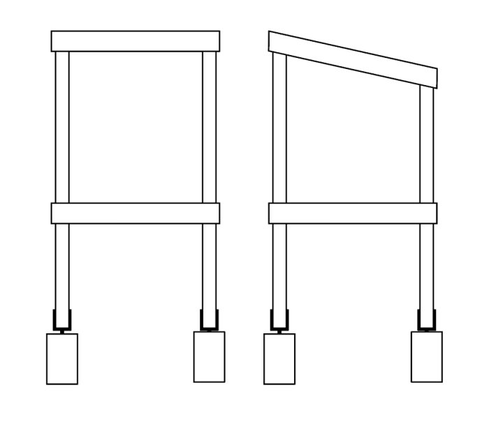 Schematisk ritning av två träramar med vertikala stöd och horisontella bjälkar för våning och tak.