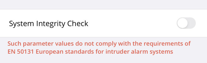 Skärmmeddelande som varnar för systemintegritetskontroll och icke kompatibilitet med EN 50131-standarder.