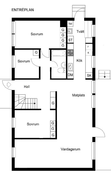 Planritning av enplansvilla med rumsinformation, kök angränsande till tvätt och groventré.