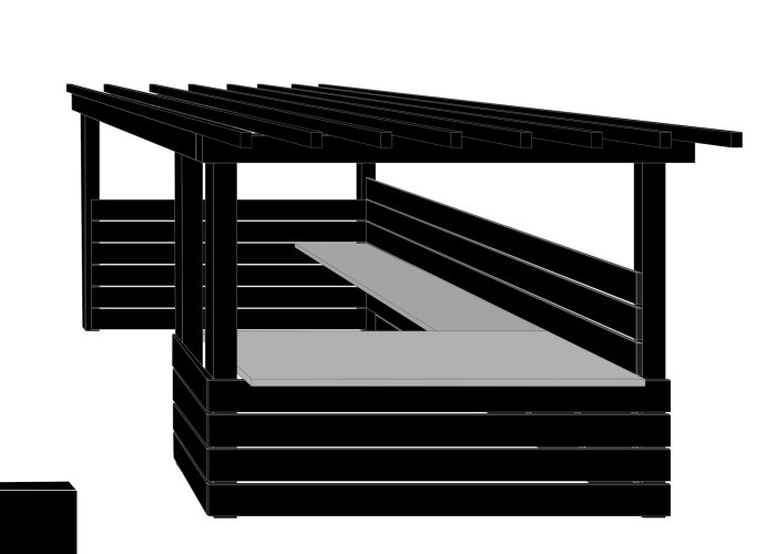 Svartvitt 3D-ritning av ett pergola med limträstolpar och tryckimpregnerade detaljer.