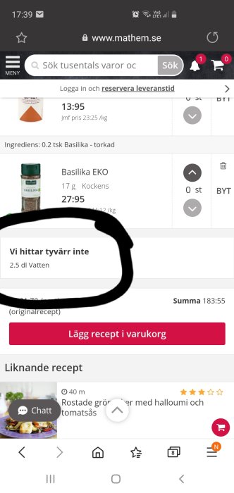 Skärmdump av mobilsidan för mathem.se med meddelandet "Vi hittar tyvärr inte 2.5 dl Vatten" markerat.