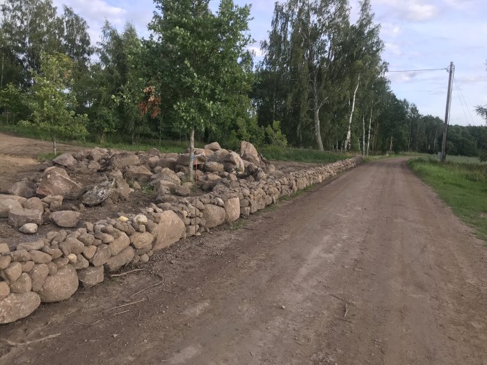 Stenmur längs en grusväg med bakgrund av träd och öppen himmel som avgränsning för en fastighet.