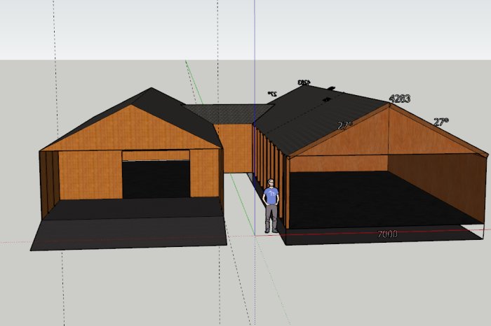 3D-modell av ett garage och carport med måttangivelser och en figur mellan byggnaderna.