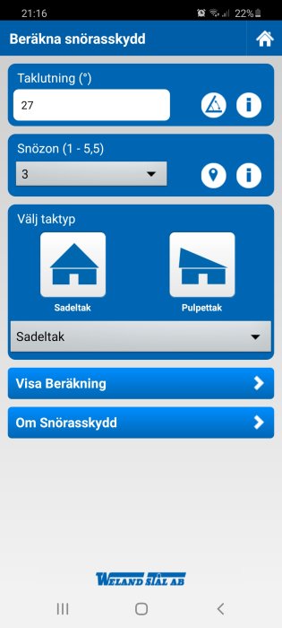 Skärmdump av snörasskyddsberäkningsapp med inställningar för en taklutning på 27 grader i snözon 3.