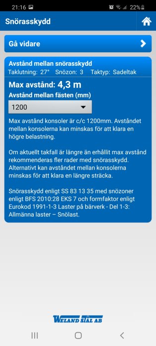 Skärmdump av en mobilapplikation som visar information om maxavstånd för snörasskydd vid 27 grader taklutning i snözon 3.