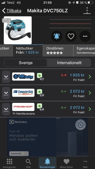 Makita DVC750LZ batteridriven dammsugare med priser från olika butiker på skärmen.