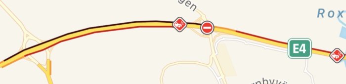 Kartutsnitt som visar trafikstockning och vägarbetesinformation längs E4.