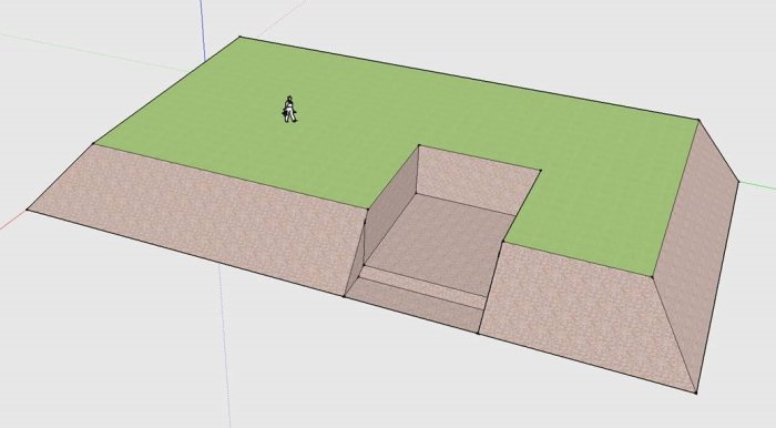 3D-skiss av tomt med markerad yta för nedgrävt garageprojekt och gräsmatta ovanpå.