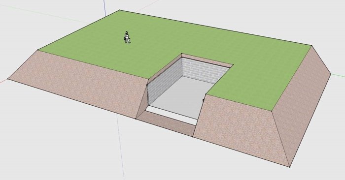 3D-modell av en tomt med en utgrävd sektion för ett underjordiskt garage och en figur på gräsmattan.