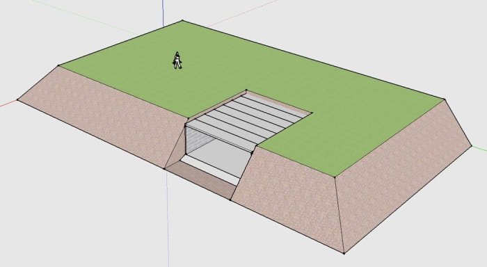3D-skiss av ett planerat garage under en gräsmatta med förhöjd kant och öppning mot en väg.