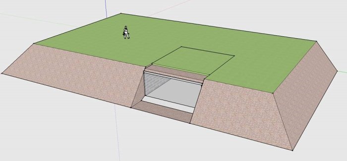 3D-modell av planerat garage under marknivå med öppen port och återställd gräsmatta ovanpå.