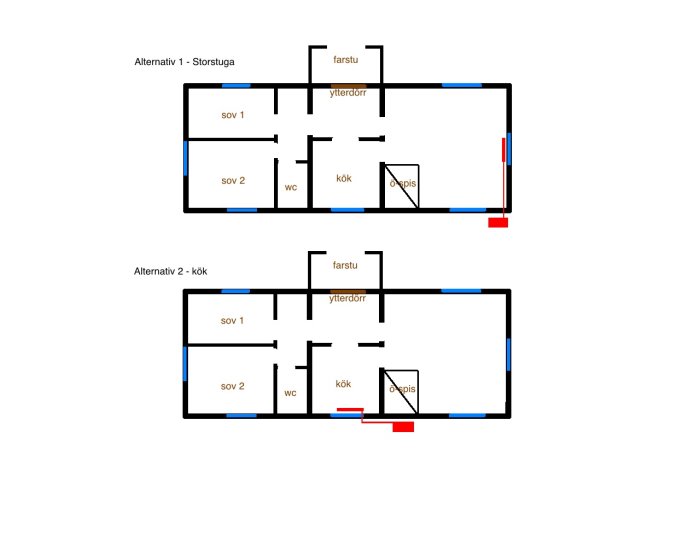 Planritning på fritidshus som visar två alternativa placeringar av en golvmodell luftvärmepump.