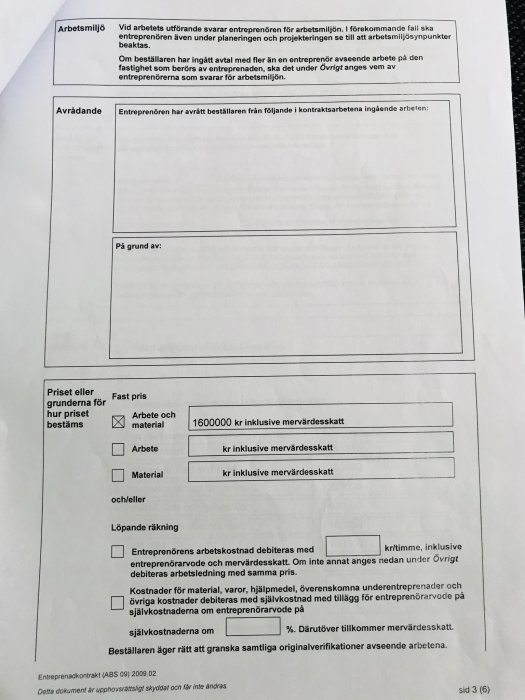 Bild av en del av ett entreprenadkontrakt som visar sektioner för arbetsmiljö, avrådande, prissättning och löpande räkning.