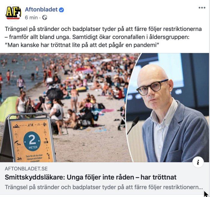 Strand full av människor trots sociala distansrekommendationer och en smittskyddsläkare.