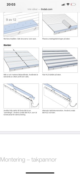 Instruktionsbilder för montering av takkomponenter med mätning och placering av läkt och takfotskonstruktion.