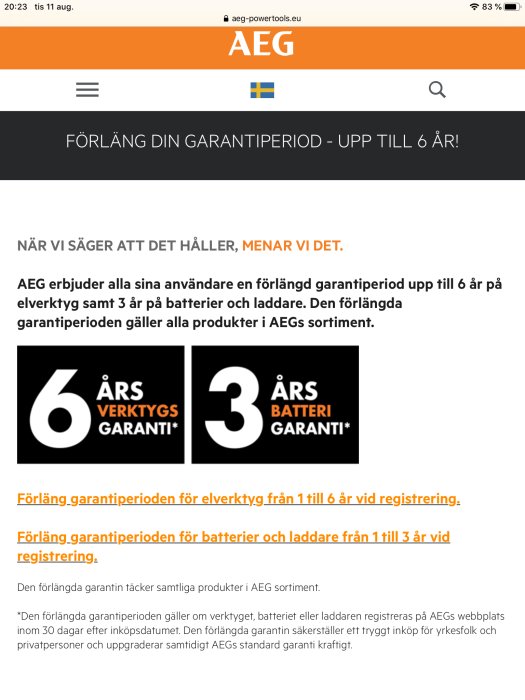 Skärmdump av AEG:s webbsida som marknadsför förlängd garanti upp till 6 år för verktyg och 3 år för batterier och laddare.
