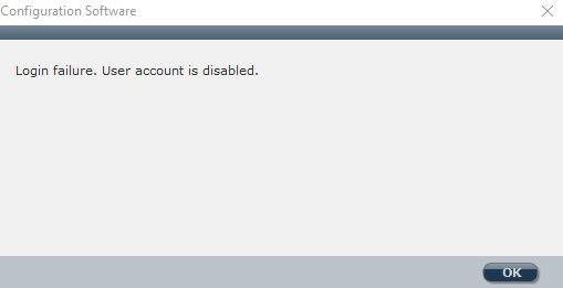 Felmeddelande på skärmen som visar "Login failure. User account is disabled" i ett konfigurationsprogram.