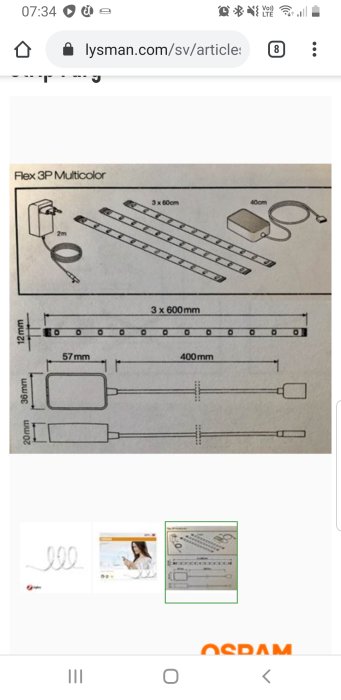 Schematisk illustration av LED-stripeset med mätningar och komponenter, inklusive strömförsörjning och anslutningskablar.