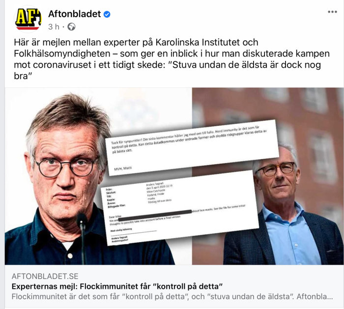 Två porträtt på experter med en öppen mejlkonversation, refererande till flockimmunitet och COVID-19.