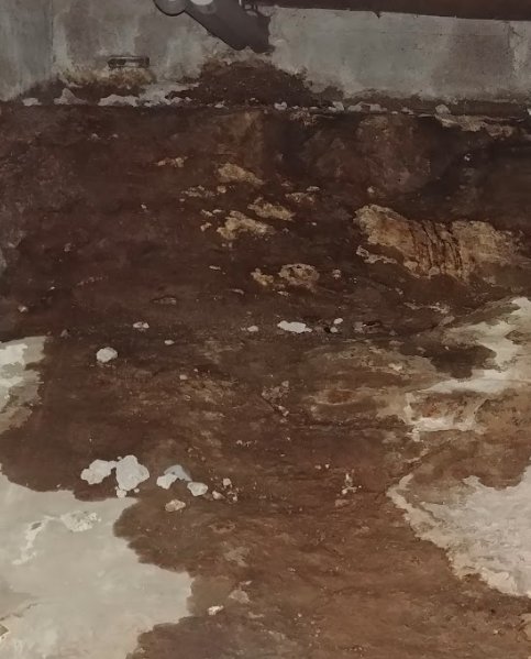 Fukt- och saltutfällningar på berg och mur i en källare, med tecken på vattenintrång.