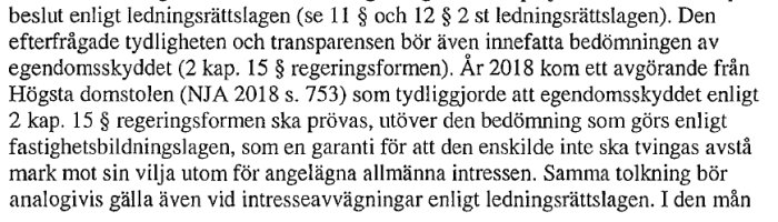 Närbild av dokumenttext om egendomsskydd och ledningsrättslagen relaterat till en dom från Högsta domstolen.