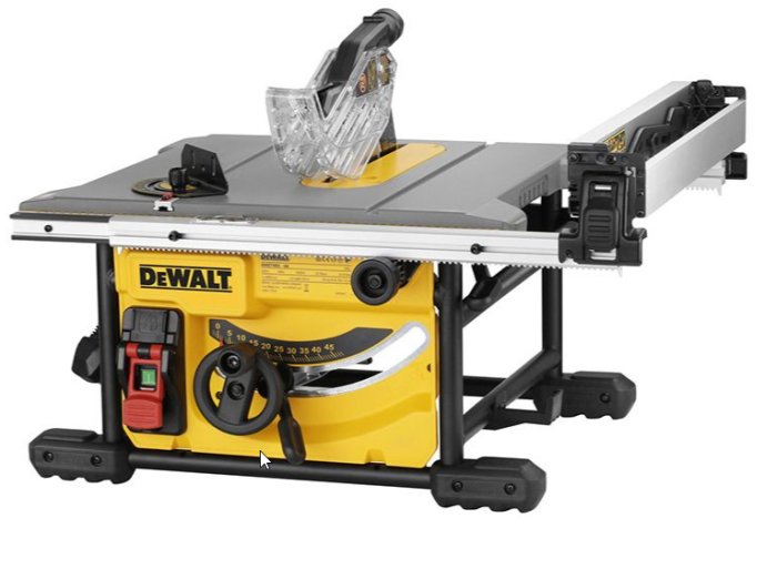 En DeWalt 7485 bordssåg med skydd och styrskivor, redo i ett garage.
