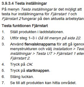 Instruktionsmanual för test av fjärrstartsinställningar på en robotklippare.