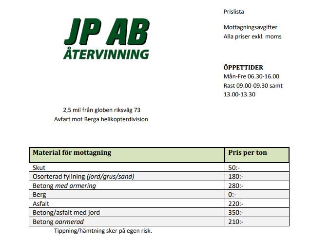 Prislista för JP AB Återvinning med öppettider, adress och priser för olika materialtyper som mottages.