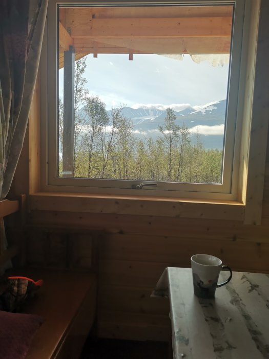 En kopp kaffe på ett bord inne i ett kök med utsikt genom ett fönster som visar bergslandskap.