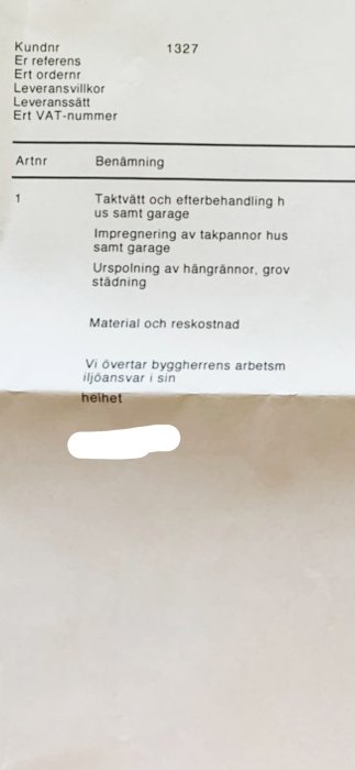 Orderbekräftelse med text om taktvätt, efterbehandling och övertagande av byggherrens arbetsmiljöansvar.