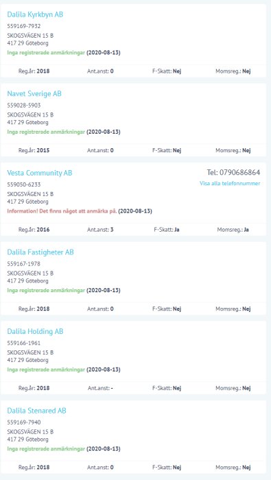 Skärmdump som visar en lista över bolagsengagemang med företagsnamn, organisationsnummer, adresser och registreringsinformation.