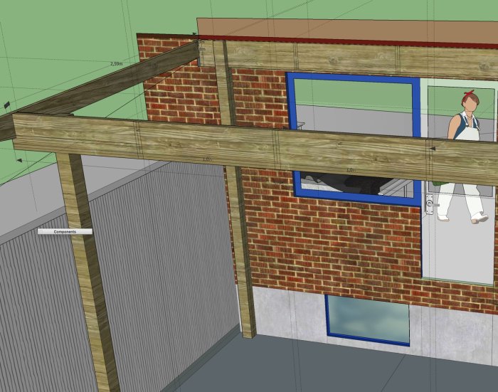 3D-modell av ett byggnadsstomme med limträbalkar, inklusive bärlina och reglar, nära en tegelvägg.