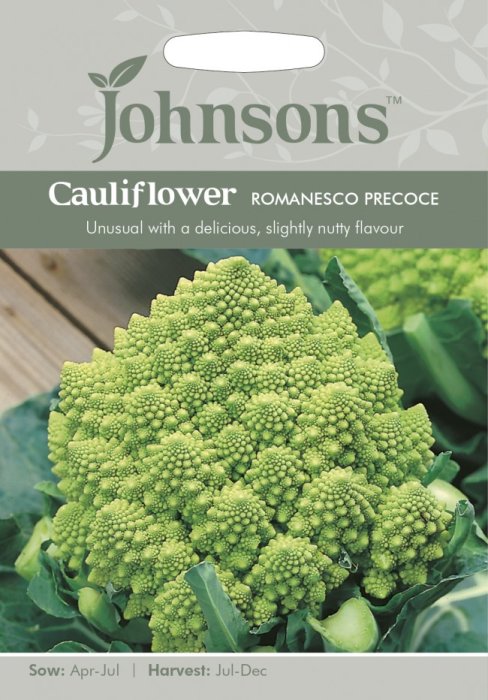 Stor blomkål av sorten 'Romanesco Precoce' på ett fröpåsepaket med text och såddinstruktioner.