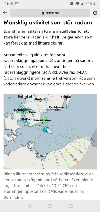 Radarbild som visar störningar troligen orsakade av militär aktivitet eller andra radiosändare nära Bornholm.