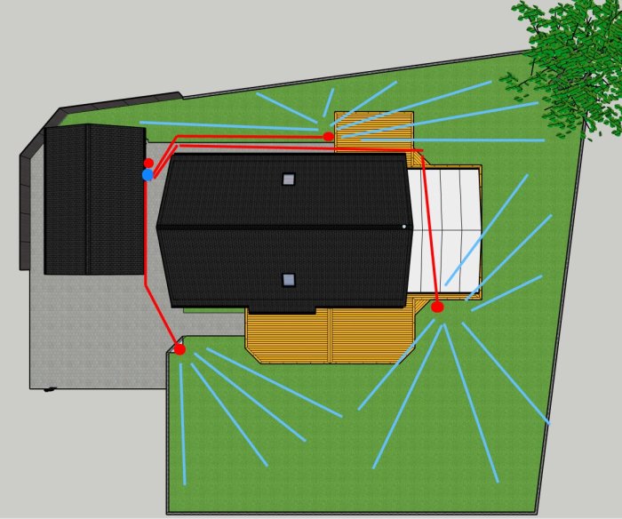 Ritning av ett bevattningssystem för en gräsmatta med röda PEM-ledningar och blå spridarmönster.
