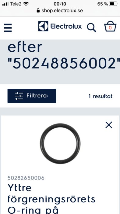 Screenshot av Electrolux webbutik som visar en O-ring för yttre förgreningsrör.