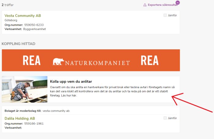Skärmbild av en REA-annons från Naturkompaniet ovanför en artikel om att kolla upp hantverkare.