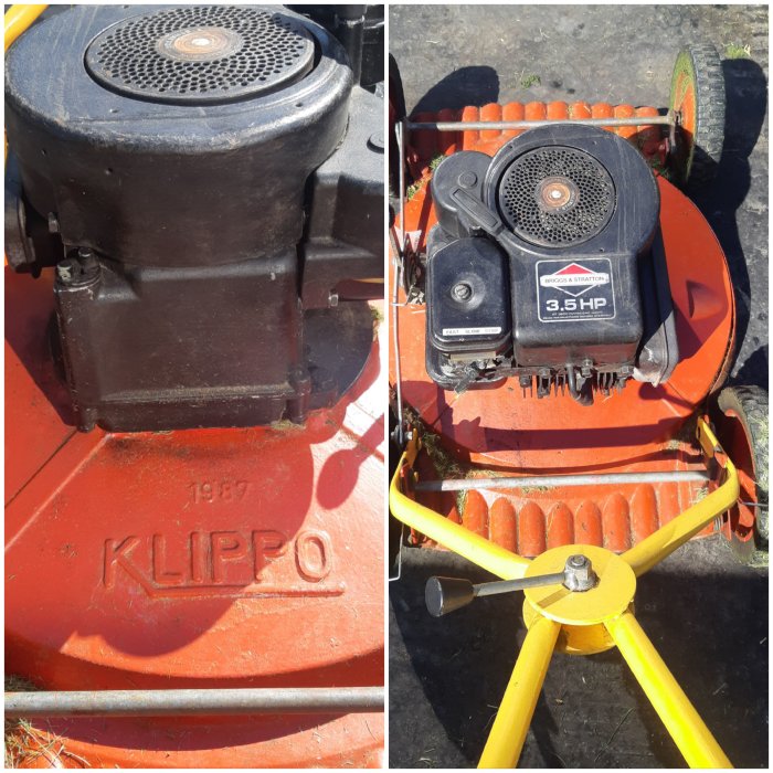 Kollage av två bilder på en röd Klippo gräsklippare med Briggs & Stratton 3.5 HP motor.