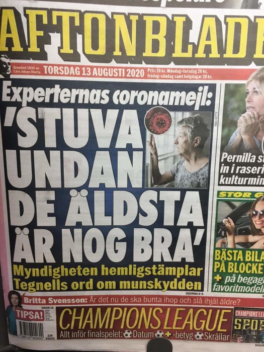 Förstasidan av Aftonbladet med rubriker om coronasituationen och äldre, datum och prisinformation synlig.