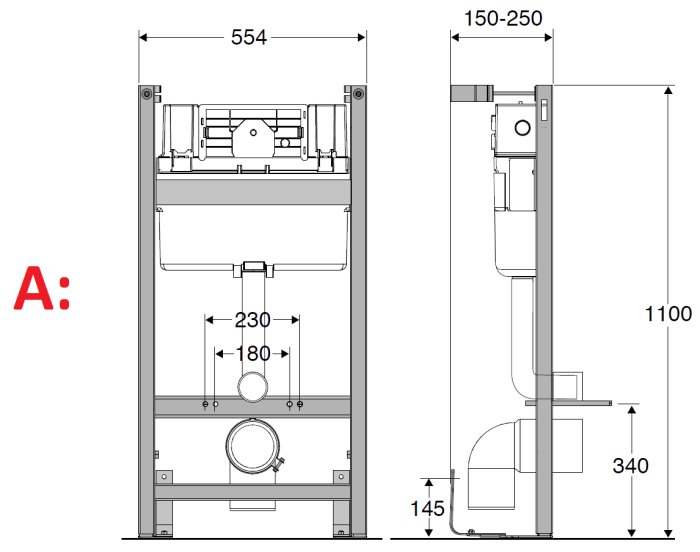 Teknisk ritning av fixtur A för vägghängd WC med måttangivelser.