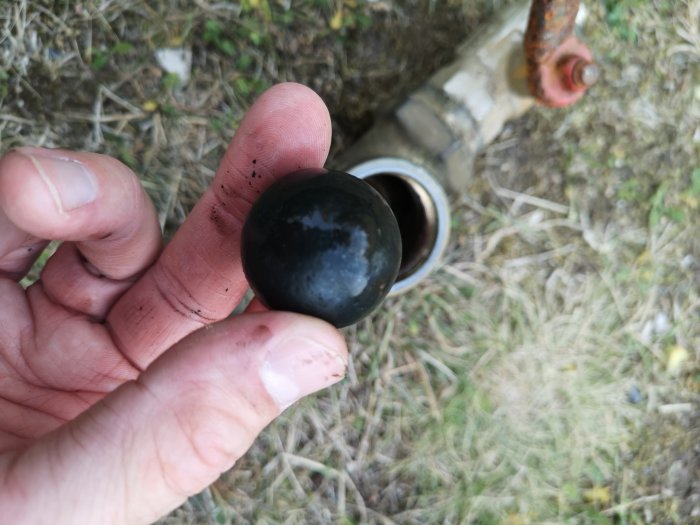 Hand håller en svart boll framför en rörända med suddig bakgrund av gräs och jord.