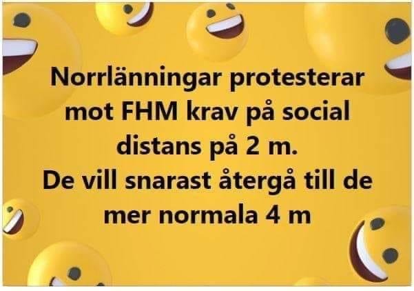 Meme: Norrlänningar protesterar mot FHM:s krav på två meters social distans, föredrar fyra meter.