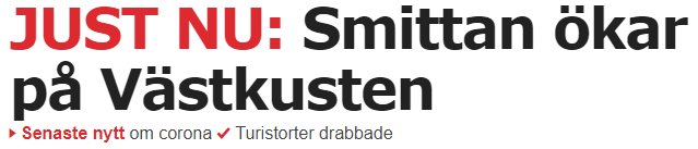 Rubrik från nyhetskälla om ökad smittspridning på västkusten med hänvisningar till Corona och drabbade turistorter.