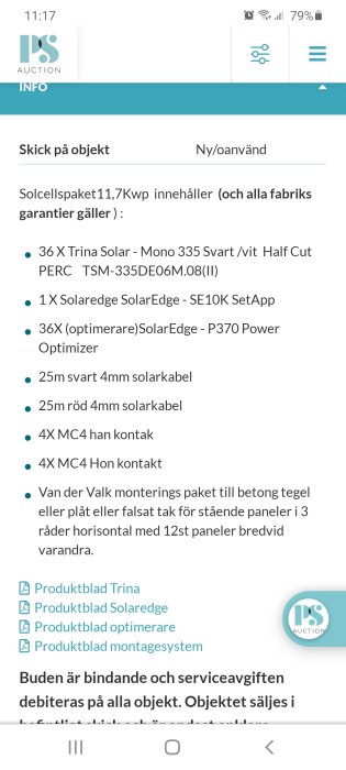 Skärmdump från auktionssida som listar komponenter i ett Trina solcellspaket med SolarEdge växelriktare.